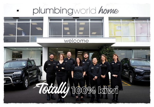 Plumbing World home - Totally 100% Kiwi. Team standing outside Plumbing World branch